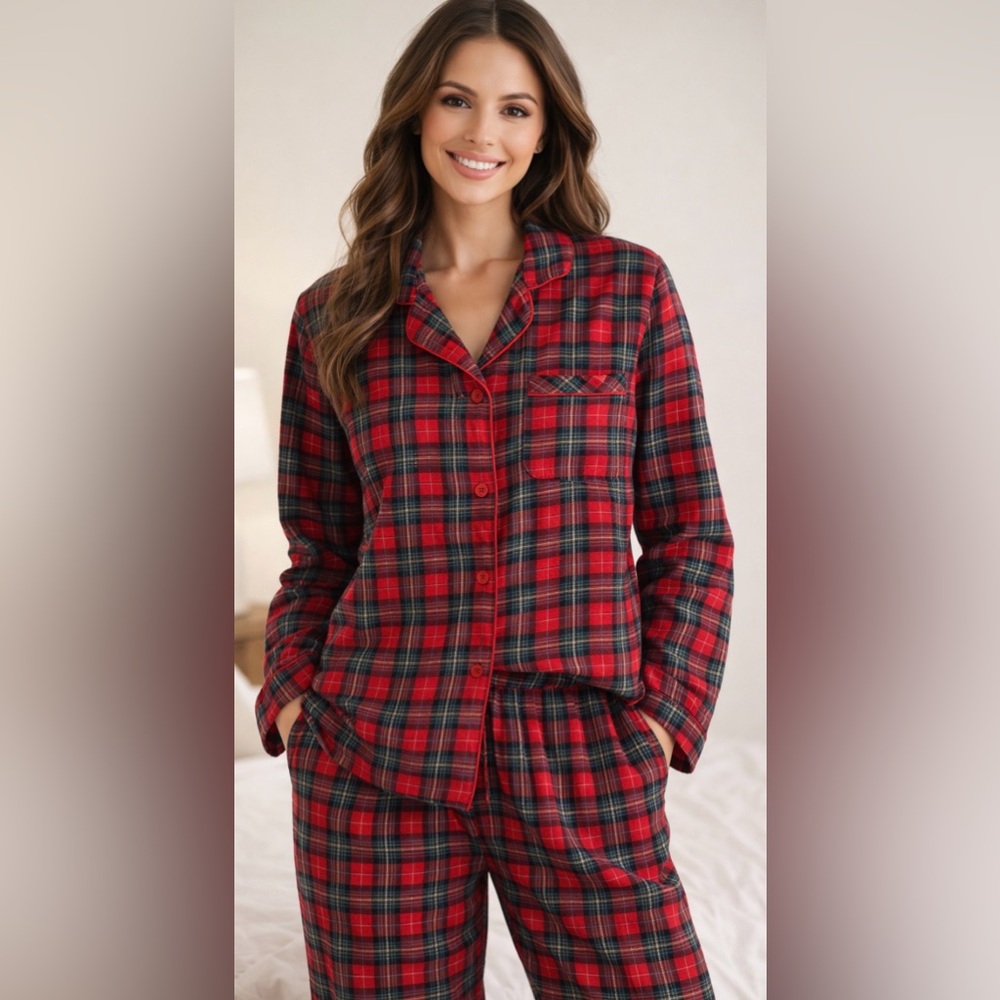 Laura Scott Plaid Pajama Set - Red Black Gray White 100% Cotton Large